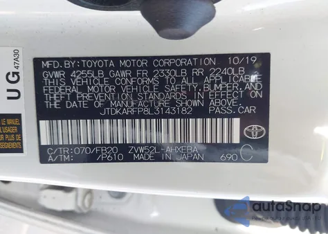 2020 Toyota Prius Prime Le from USA, damaged, VIN JTDKARFP8L3143182